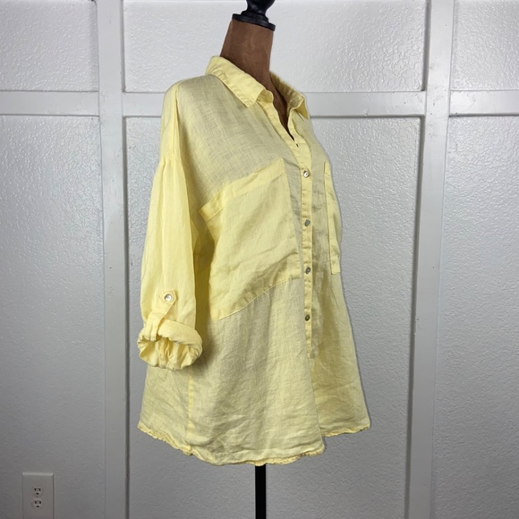 Magaschoni 100% Linen Button Down Tunic Top Yellow Roll-Tab Sleeves Women’s M - Picture 4 of 8